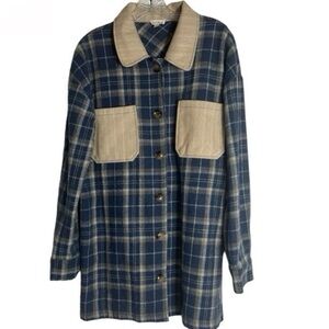 Hem & Thread Oversized Shacket With Corduroy Details In Blue Plaid